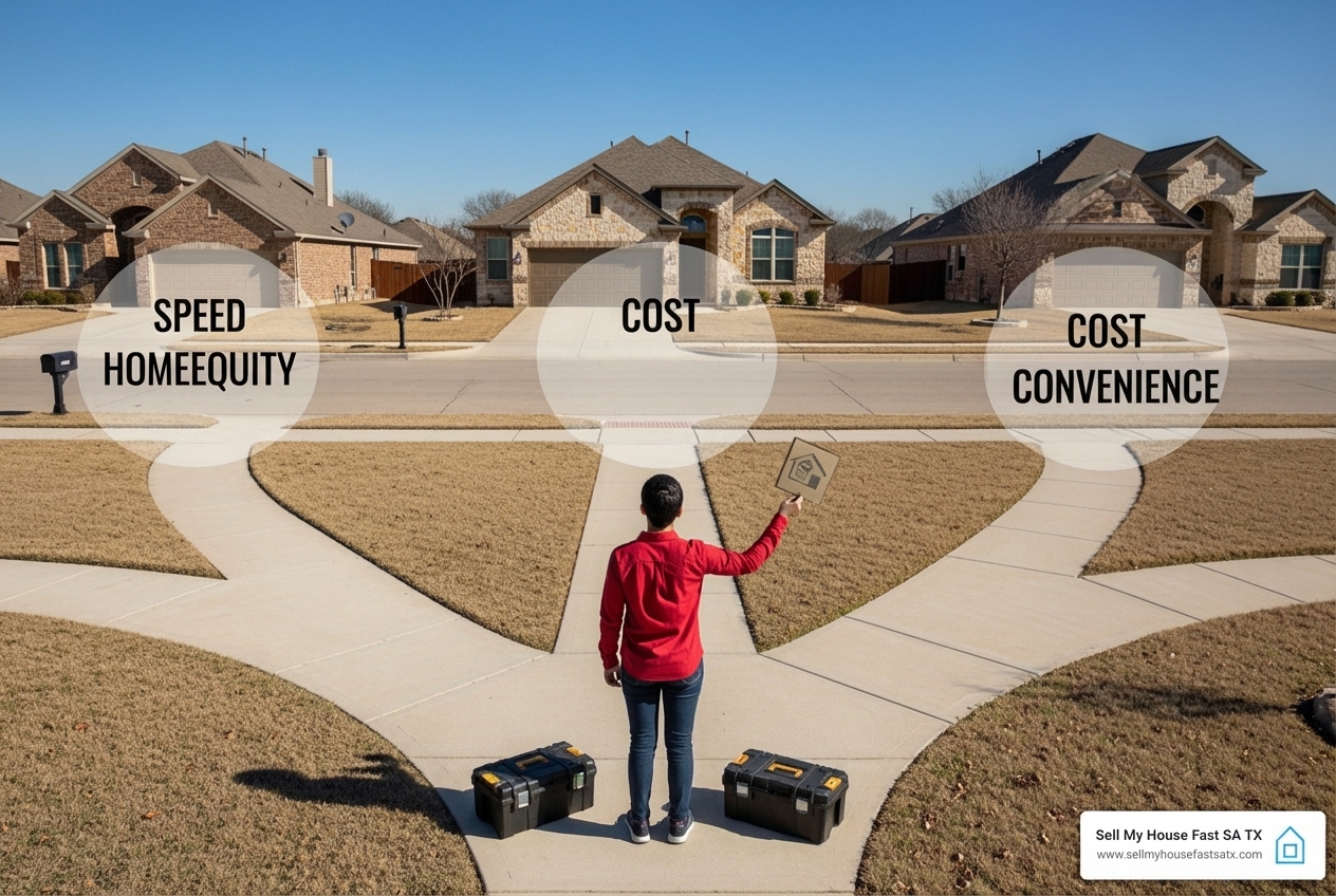 A clear decision tree graphic illustrating how homeowners can choose between listing, hybrid, or direct sale based - house selling websites