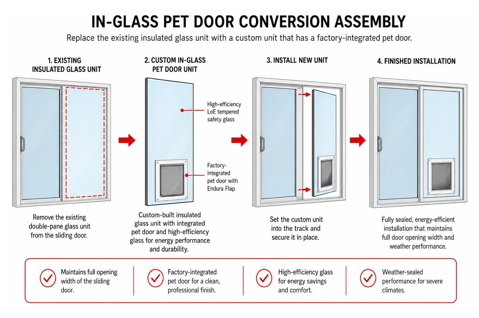 In-glass pet door conversion assembly