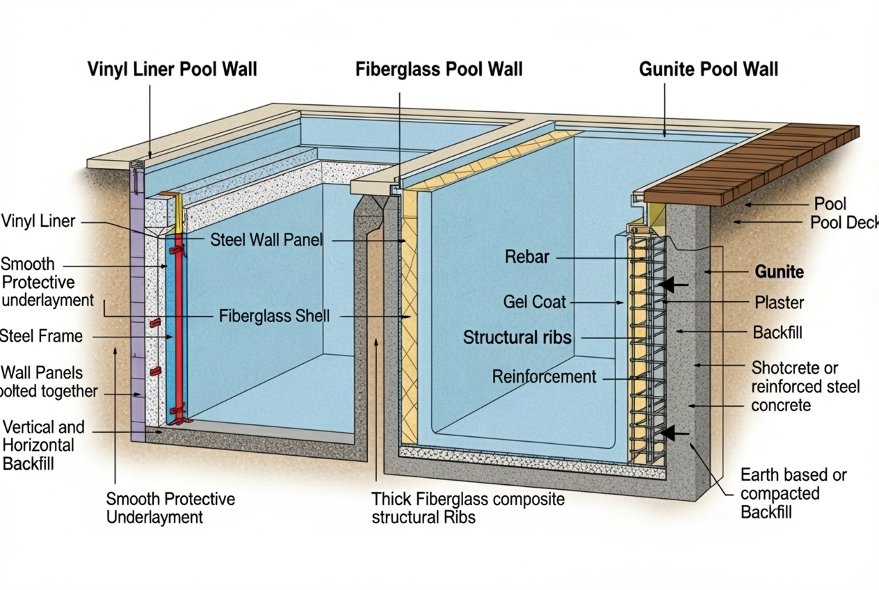 Diagram illustrating the cross-section of vinyl, fiberglass, and gunite pool walls - how much does a 12x24 inground pool cost Diagram illustrating the cross-section of vinyl, fiberglass, and gunite pool walls - how much does a 12x24 inground pool cost