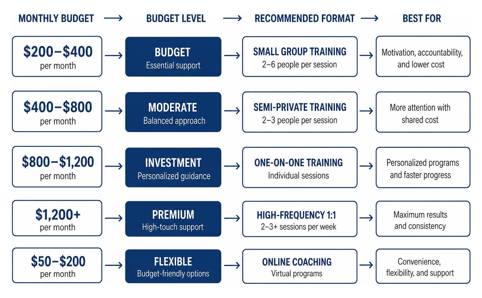 Flowchart mapping budget levels to recommended personal training formats