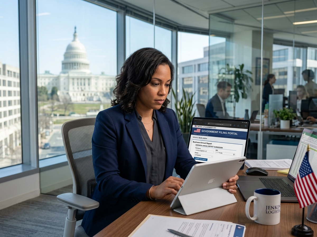 Business owner using a tablet to access a government filing portal - LLC annual report filing