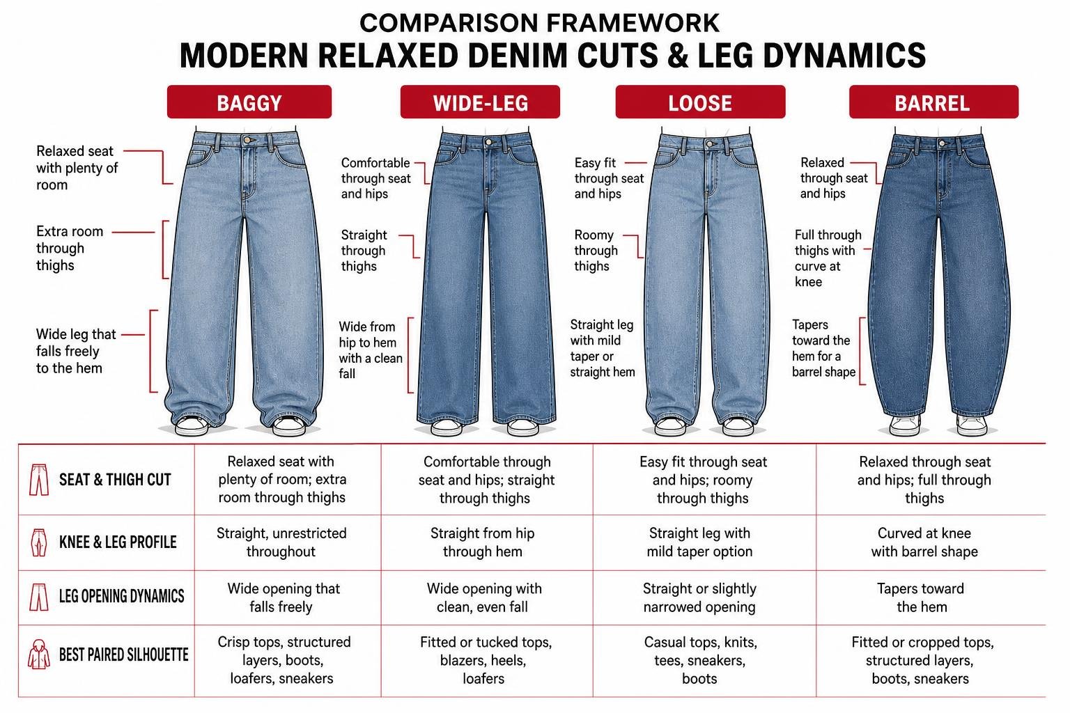 Comparison framework of modern relaxed denim cuts and leg dynamics