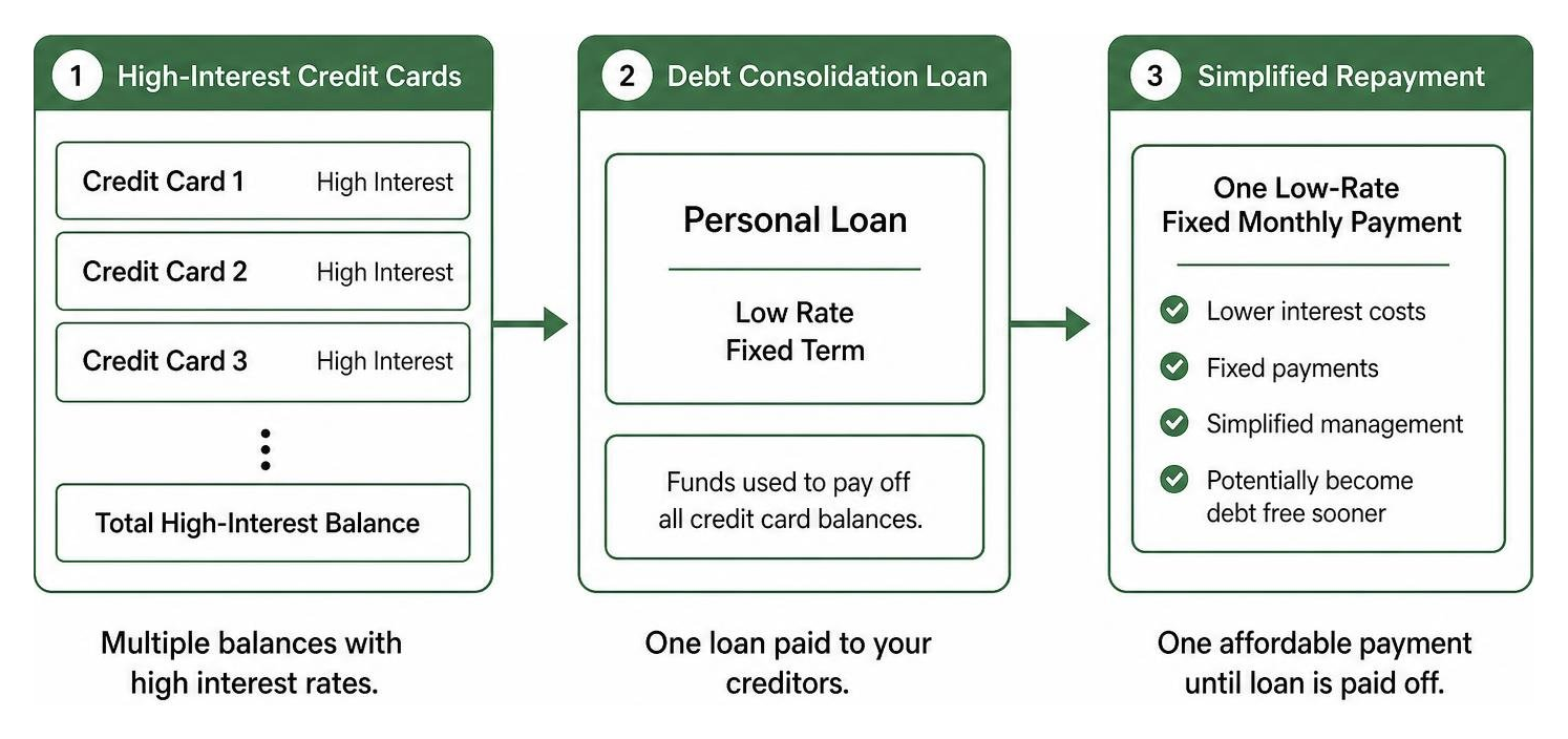 Debt consolidation process converting high interest credit card balances into a low rate fixed loan Debt consolidation process converting high interest credit card balances into a low rate fixed loan