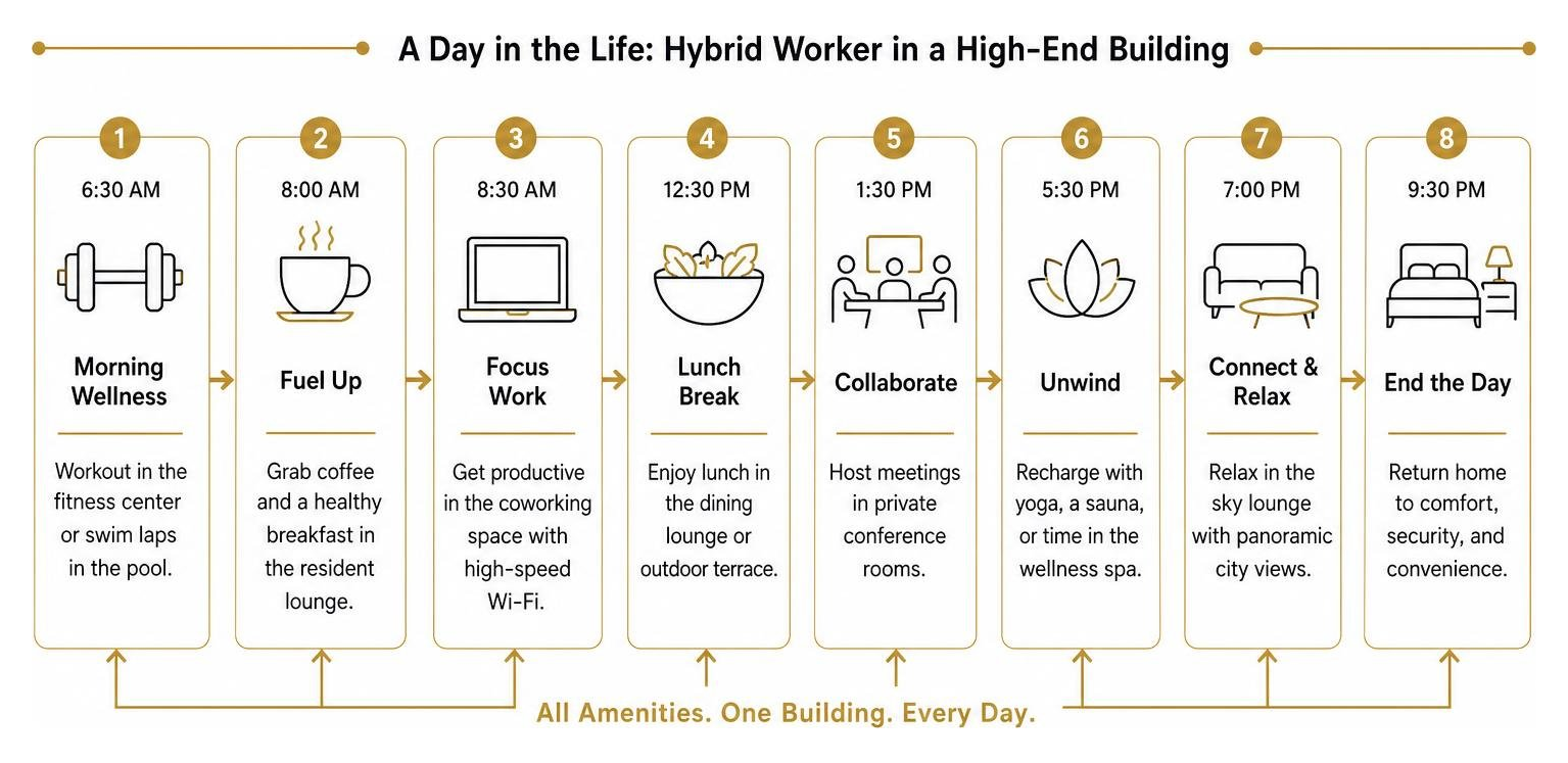 Diagram showing the daily flow of a hybrid worker utilizing high-end building amenities Diagram showing the daily flow of a hybrid worker utilizing high-end building amenities