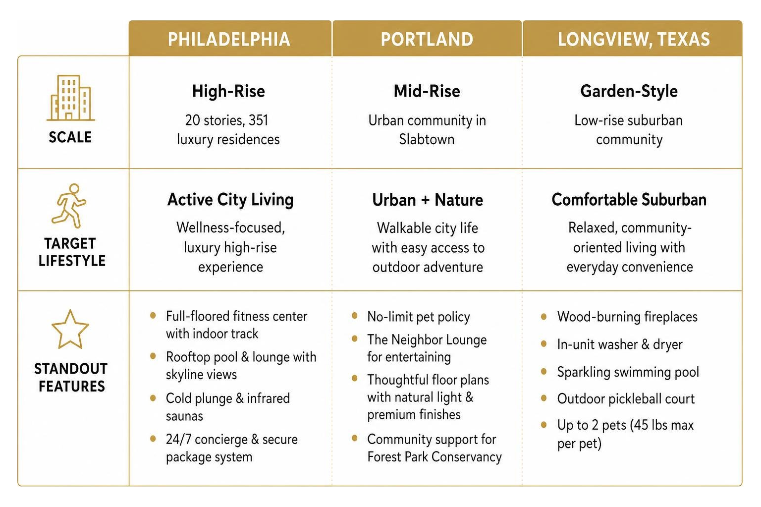 A comparison diagram highlighting the scale, target lifestyle, and standout features of the Philadelphia, Portland, and