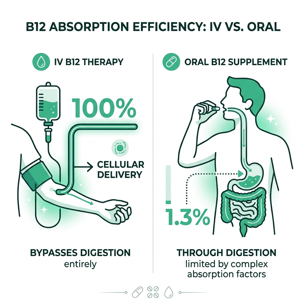 Infographic showing 100% absorption path of IV B12 vs. 1.3% oral absorption through digestion - b12 iv therapy infographic 