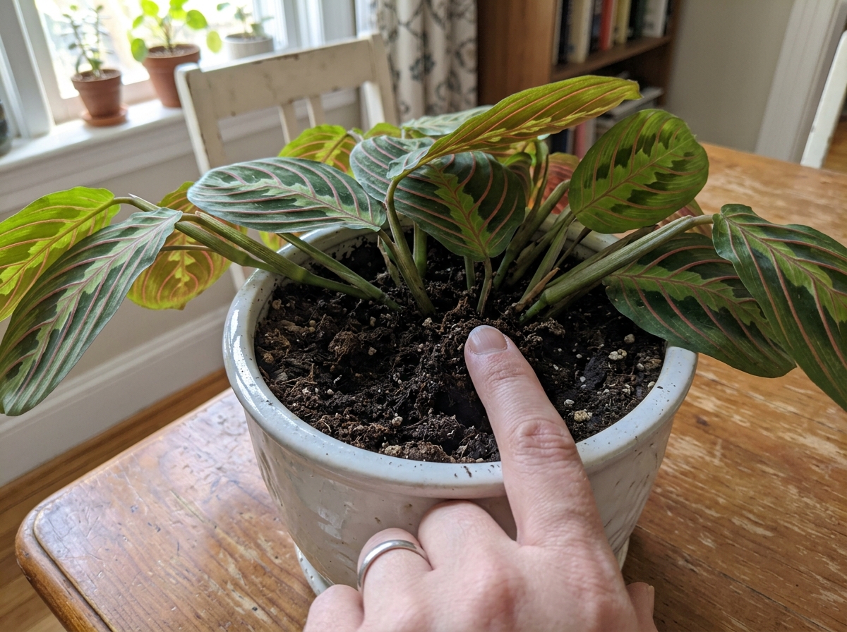 A hand checking the top inch of soil in a decorative ceramic pot - prayer plant watering needs A hand checking the top inch of soil in a decorative ceramic pot - prayer plant watering needs