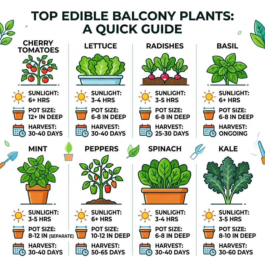 Infographic showing top edible balcony plants, sunlight needs, pot sizes, and harvest times - best edible plants for balcony