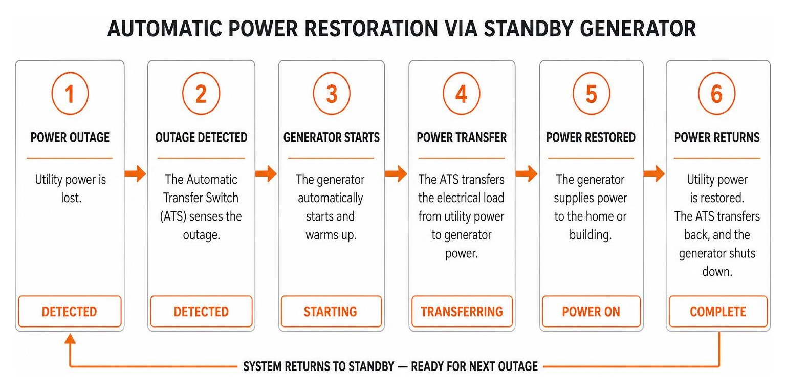 Diagram showing the step-by-step process of automatic power restoration via a standby generator