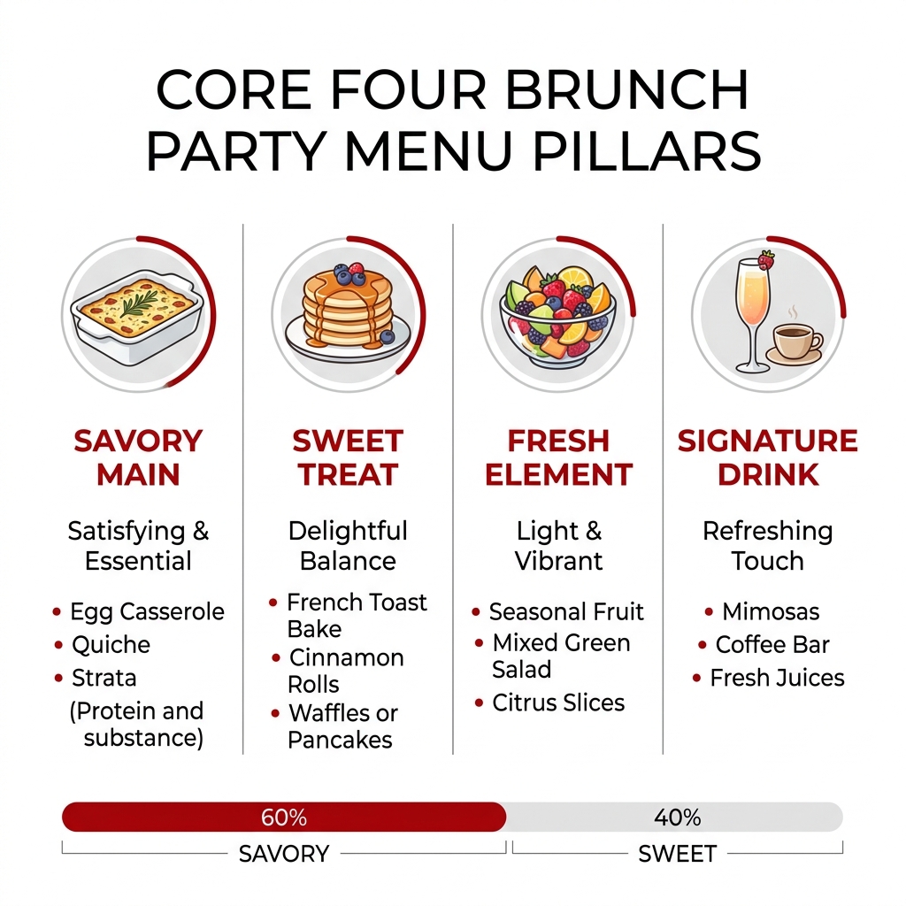 Core Four brunch party menu pillars: savory main, sweet treat, fresh element, signature drink - brunch party menu Core Four brunch party menu pillars: savory main, sweet treat, fresh element, signature drink - brunch party menu