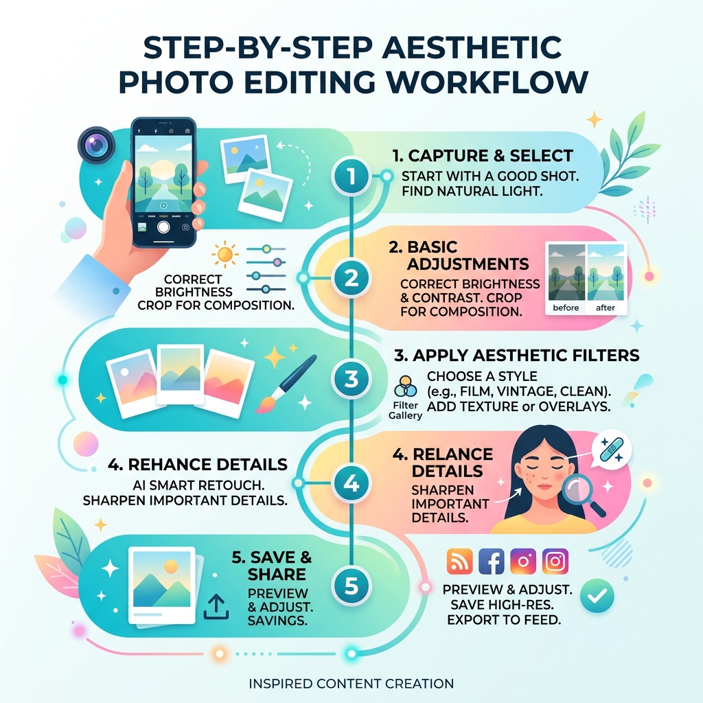 Step-by-step aesthetic photo editing workflow from capture to final edit - best apps for aesthetic photos infographic 