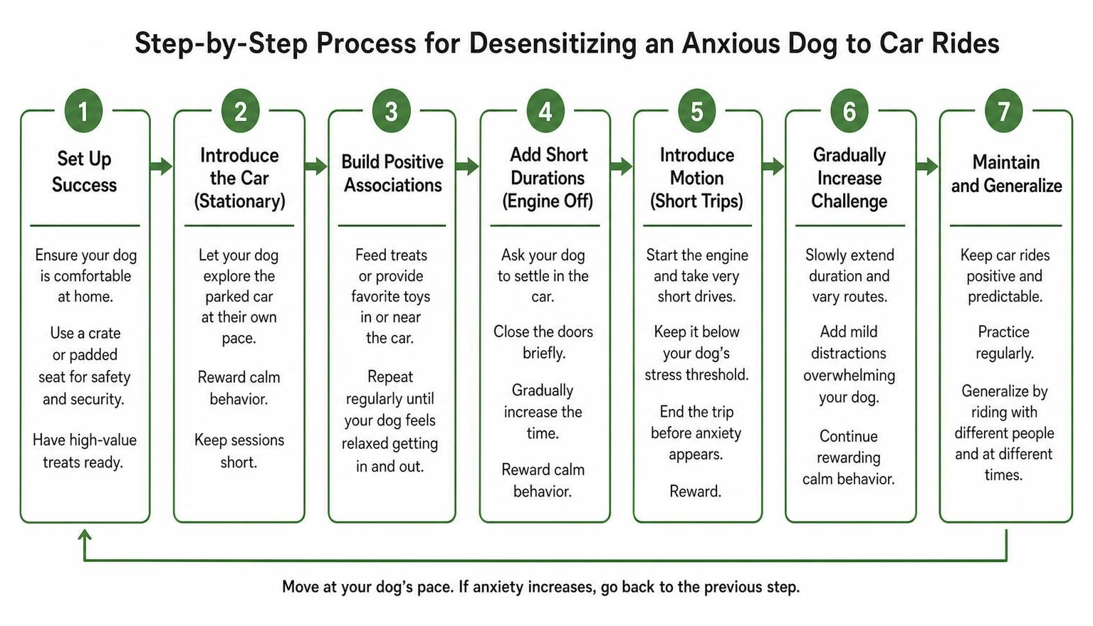 Step by step process flow for desensitizing an anxious dog to car rides