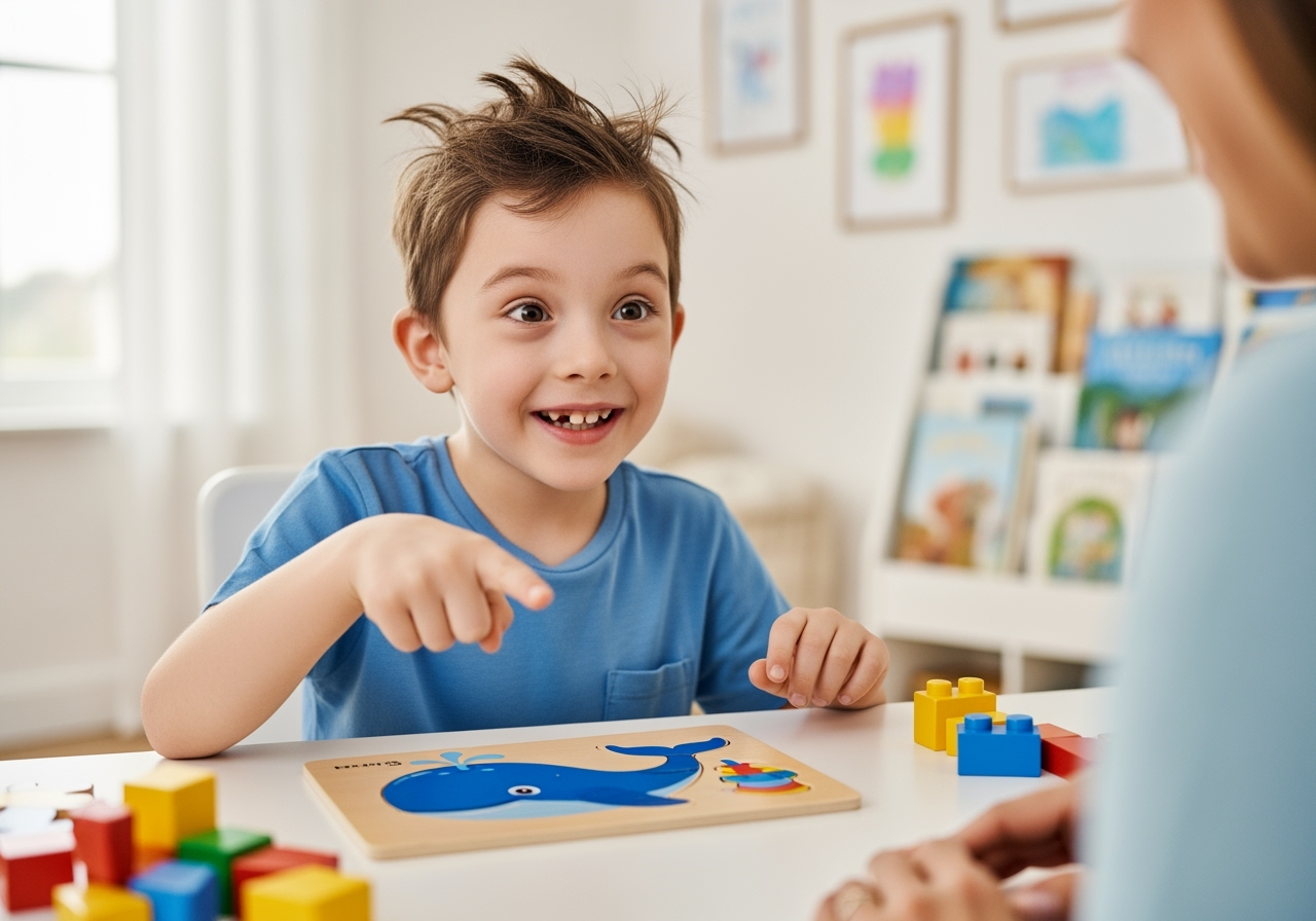 child successfully demonstrating new skill - aba therapy for autistic kid