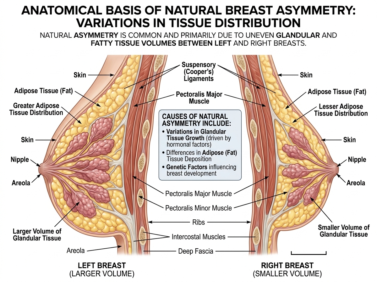 anatomical breast structure and asymmetry causes - why is one breast bigger than the other one