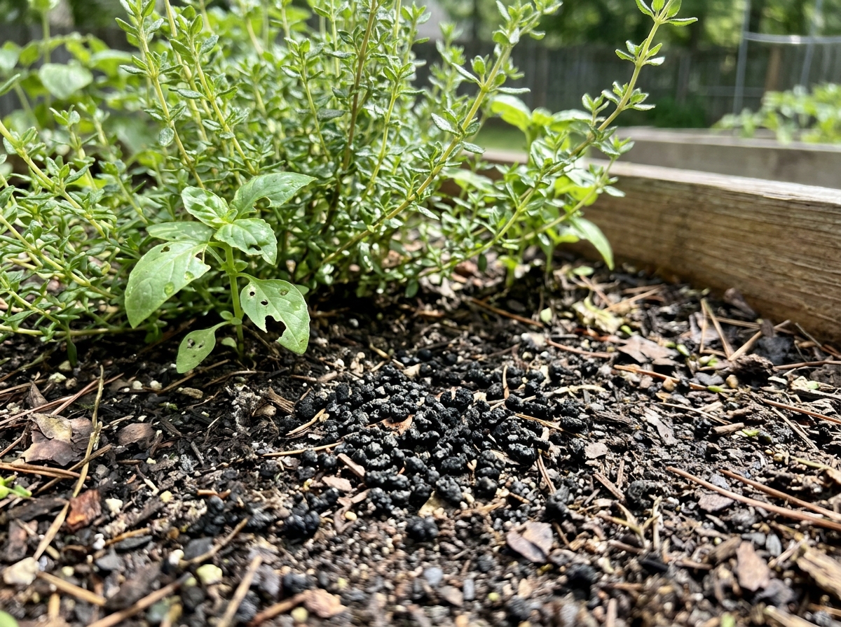 Caterpillar frass on garden soil - caterpillar killer homemade