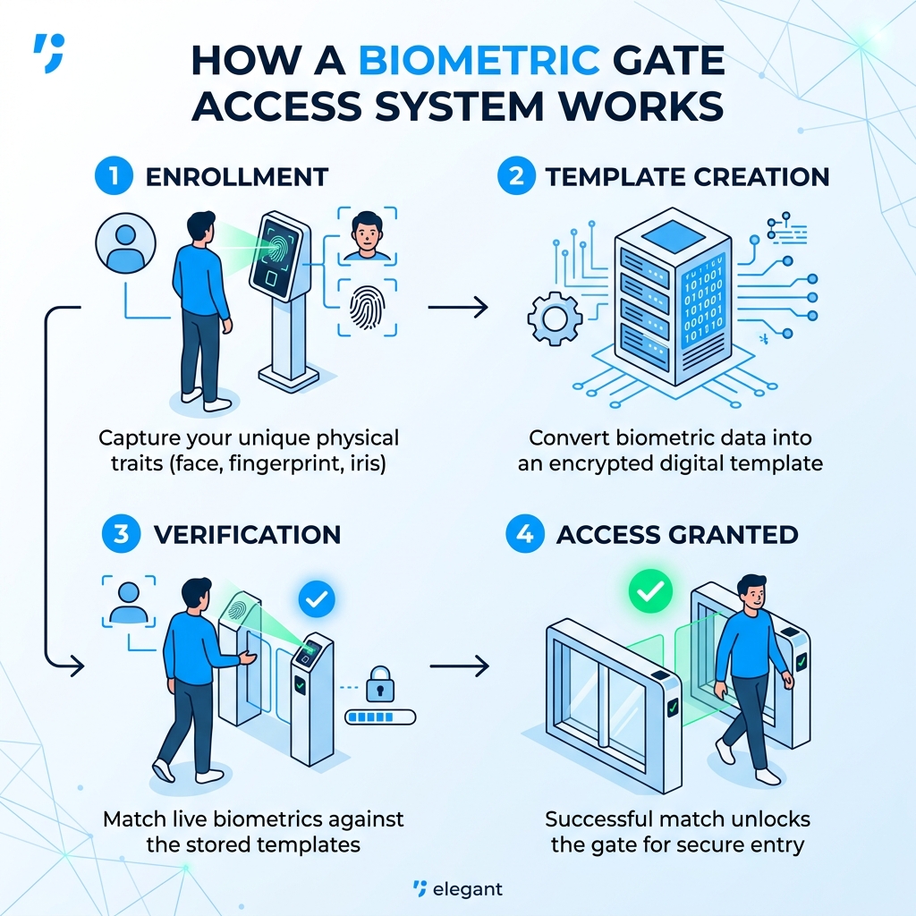 How a biometric gate access system works: enrollment, template creation, verification, and access granted - biometric gate