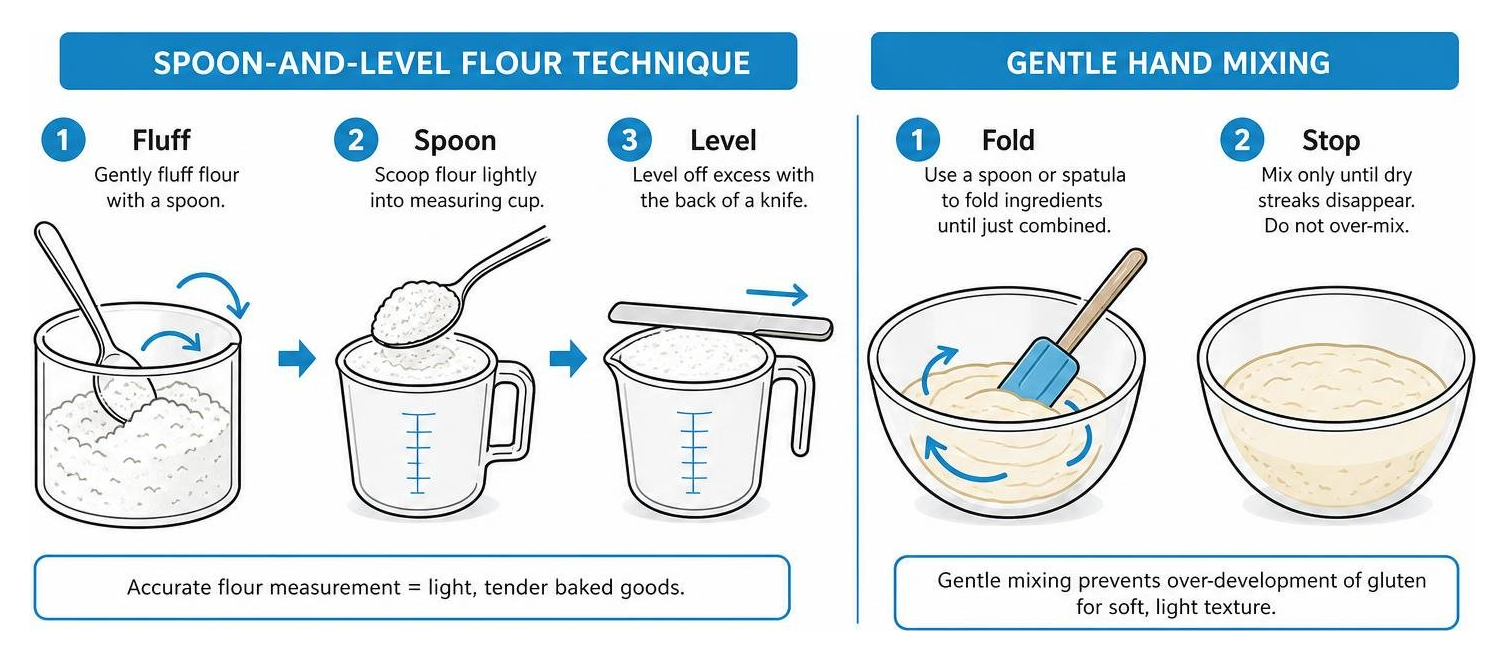 Diagram showing spoon-and-level flour technique and gentle hand mixing step for light baked goods