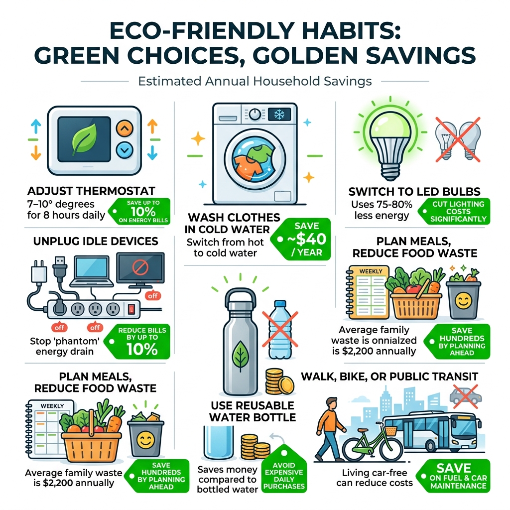 Infographic showing eco-friendly habits and their estimated annual household savings - eco friendly saving habits Infographic showing eco-friendly habits and their estimated annual household savings - eco friendly saving habits