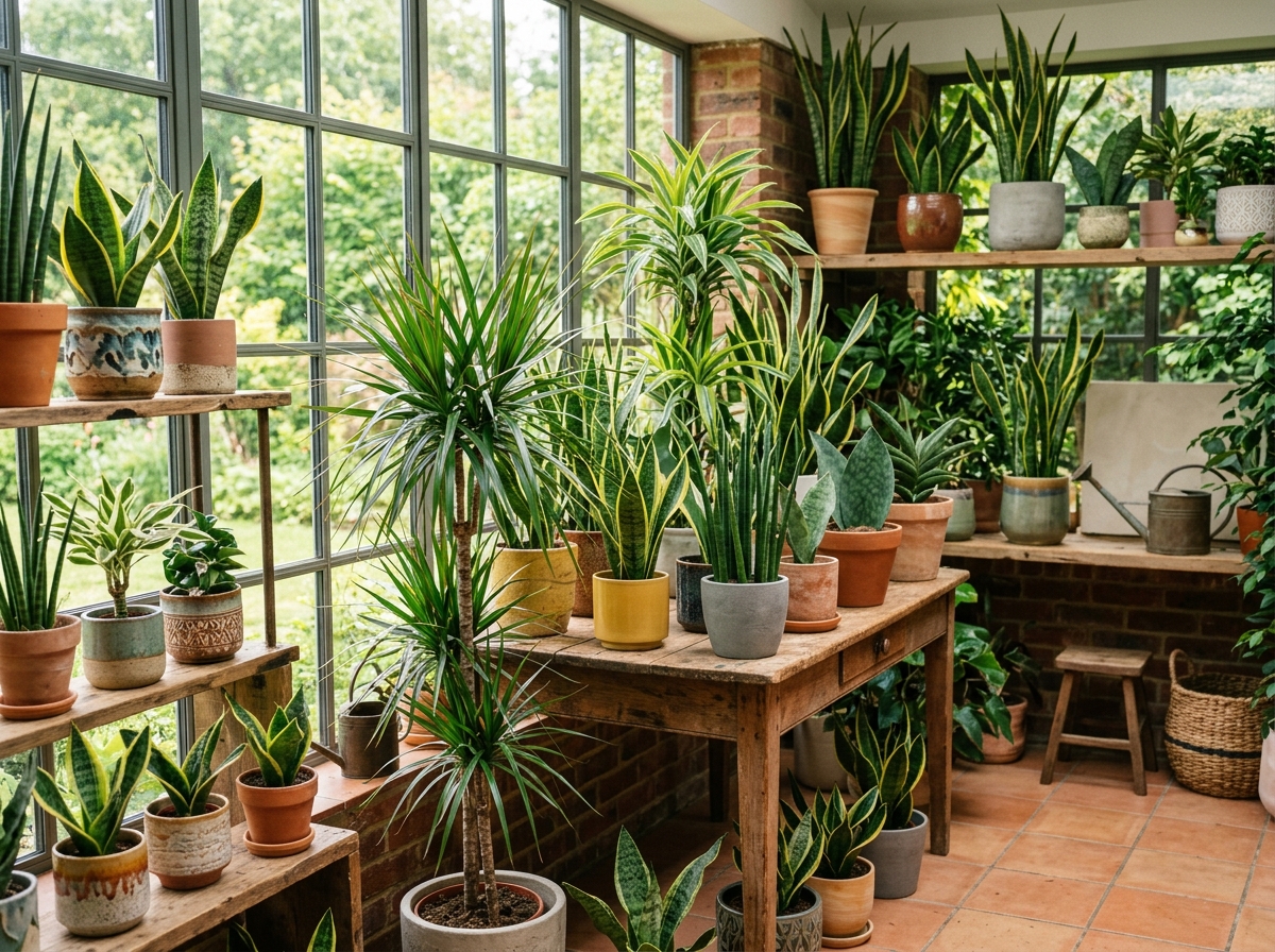 A collection of different Sansevieria and Dracaena varieties in a sunlit room - drought tolerant air cleaning houseplants A collection of different Sansevieria and Dracaena varieties in a sunlit room - drought tolerant air cleaning houseplants