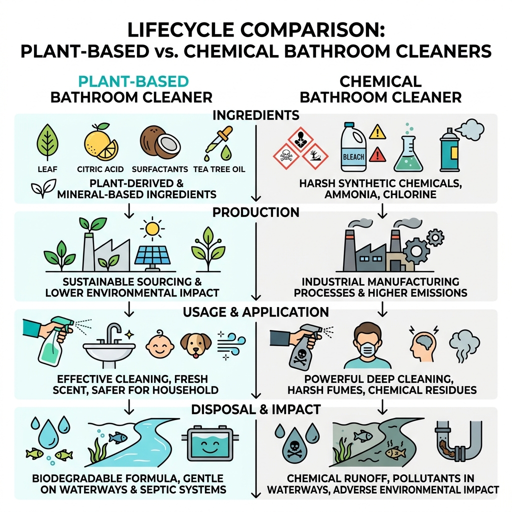 Lifecycle comparison infographic: plant-based vs. chemical bathroom cleaners from ingredients to drain disposal - plant Lifecycle comparison infographic: plant-based vs. chemical bathroom cleaners from ingredients to drain disposal - plant