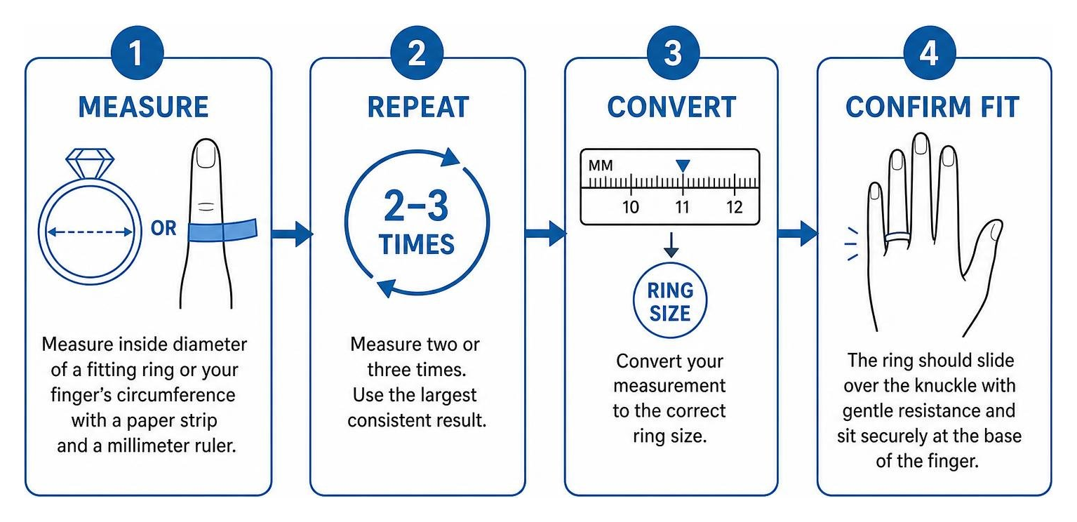 Home ring measurement steps: measure, repeat, convert, and confirm fit