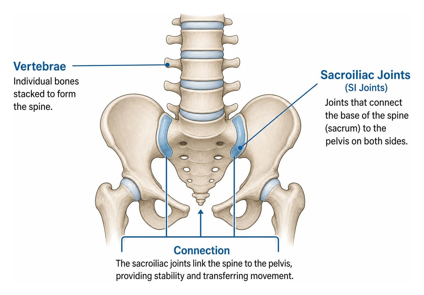 Diagram showing the connection between spinal vertebrae and pelvic sacroiliac joints Diagram showing the connection between spinal vertebrae and pelvic sacroiliac joints