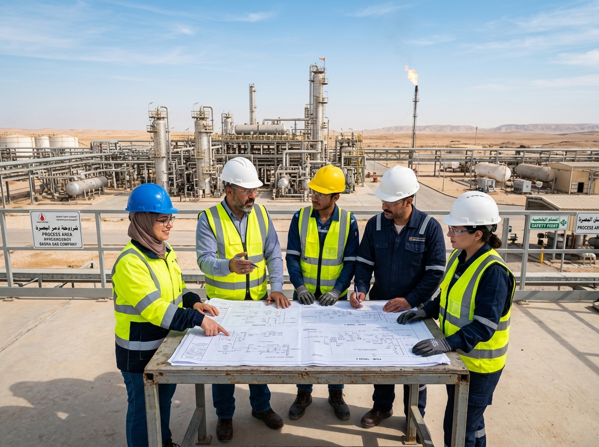 Engineers reviewing blueprints on-site at an Iraq gas plant - 28/28 rotation jobs in iraq