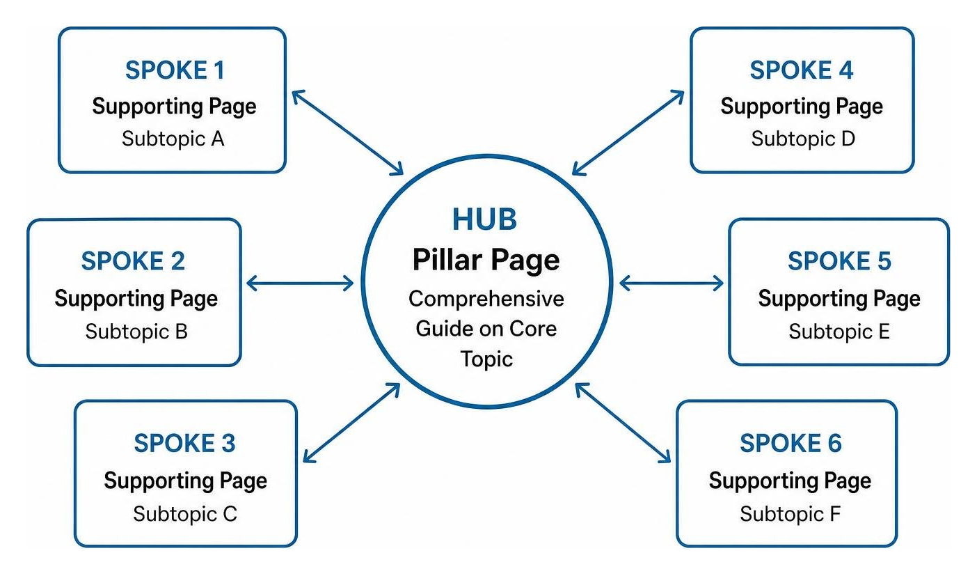 Hub and spoke content cluster diagram showing bidirectional linking