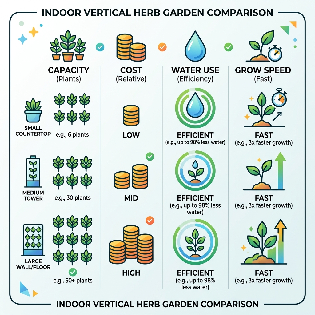 Infographic comparing indoor vertical herb garden systems by capacity, cost, water use, and grow speed - indoor vertical