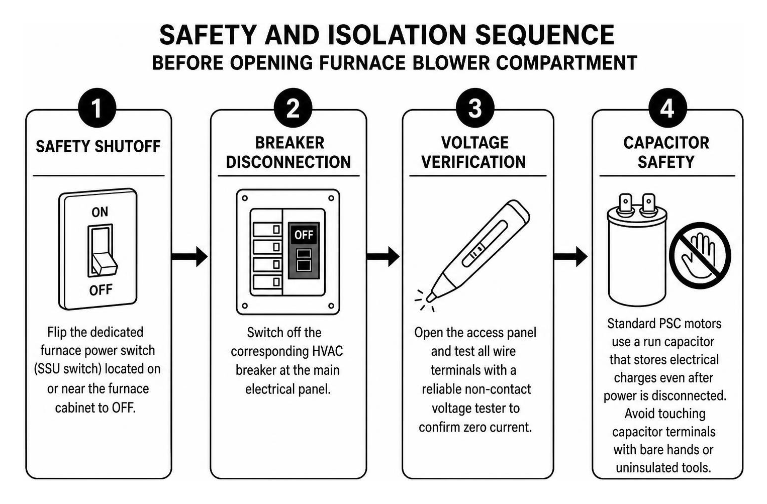 Safety and isolation sequence before opening furnace blower compartment Safety and isolation sequence before opening furnace blower compartment