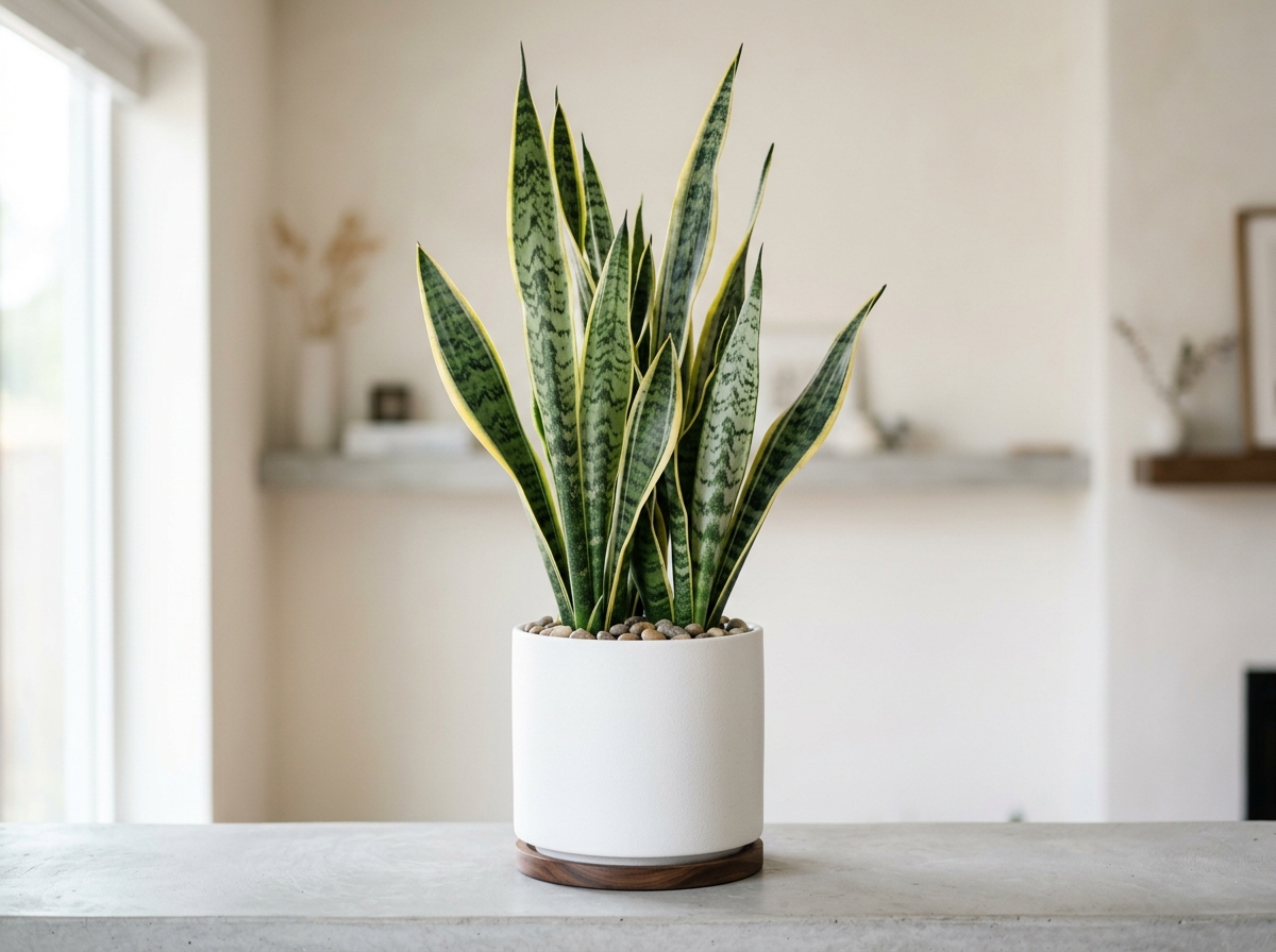 A striking Snake Plant in a modern ceramic pot - air purifier house plants A striking Snake Plant in a modern ceramic pot - air purifier house plants