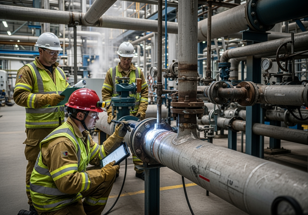 Workers in full PPE conducting a safety check on a pipeline - Oil gas logistics
