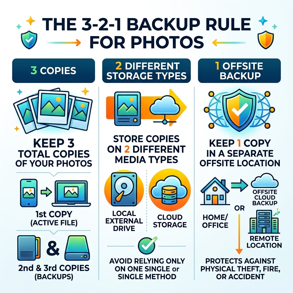Infographic showing the 3-2-1 backup rule: 3 copies of photos, 2 different storage types, 1 offsite backup - automatic photo