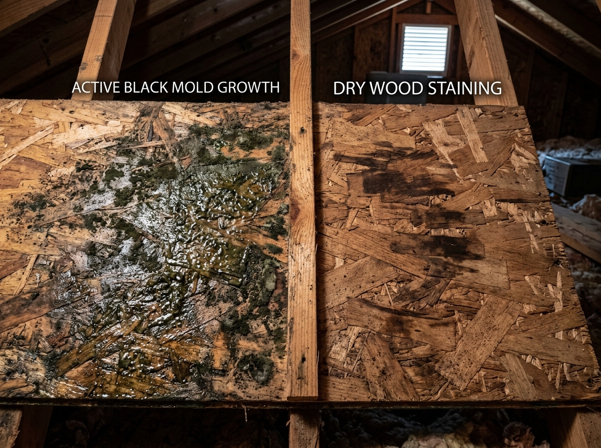 slimy greenish-black mold vs. dry dark wood stains - black mold attic removal