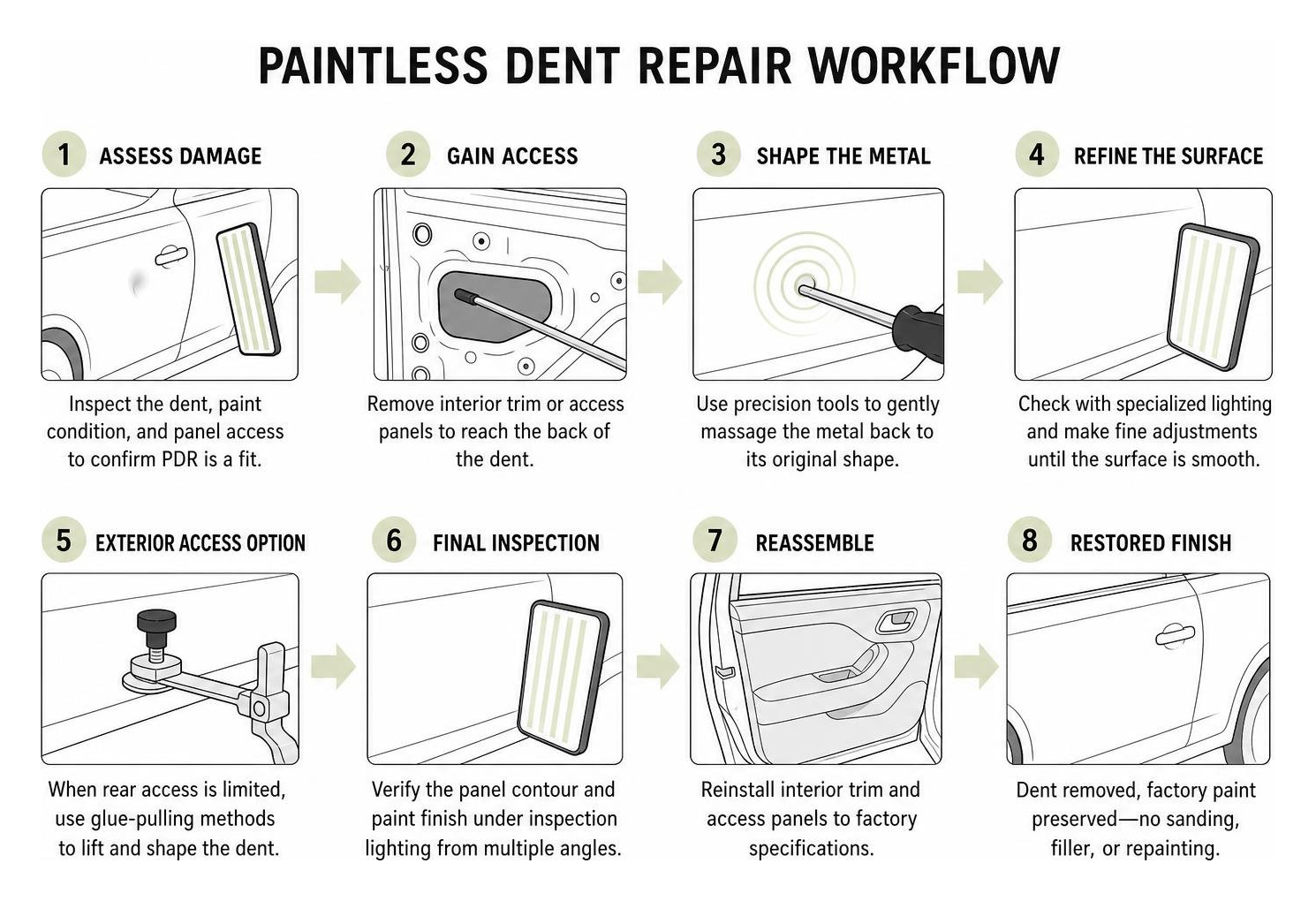 Step by step paintless dent repair workflow diagram Step By Step Paintless Dent Repair Workflow Diagram