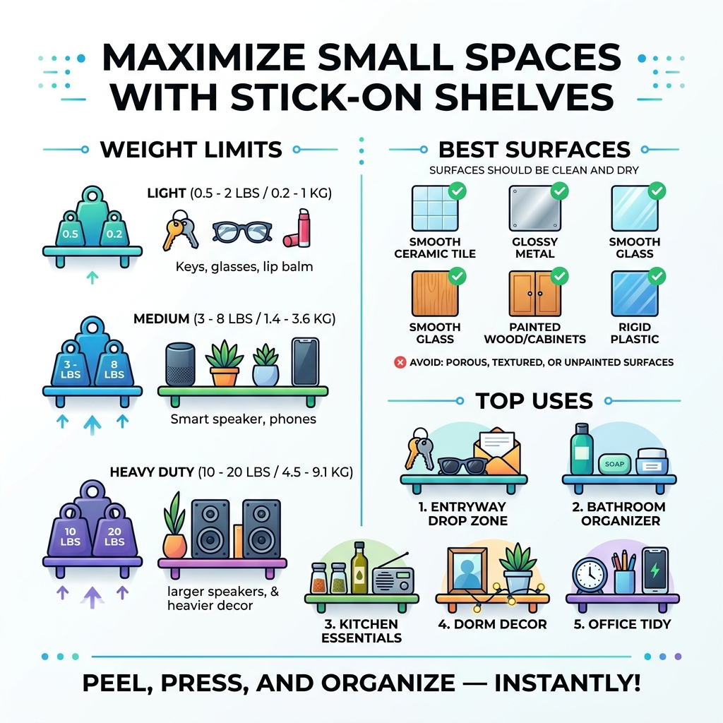 Infographic showing benefits of no-drill small stick on shelves including weight limits, best surfaces, and top uses - small