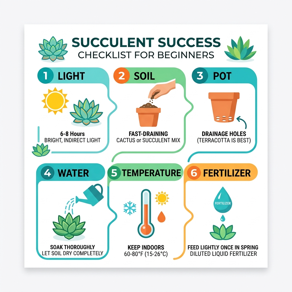 Succulent success checklist infographic for beginners: light, soil, pot, water, temperature, fertilizer - how to care for