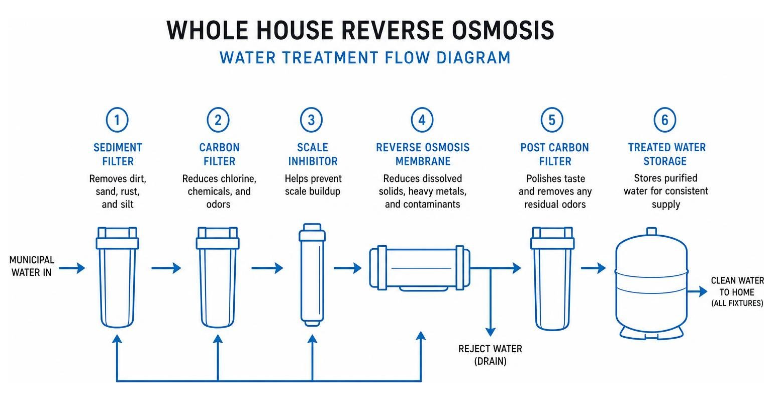 Whole house reverse osmosis water treatment flow diagram