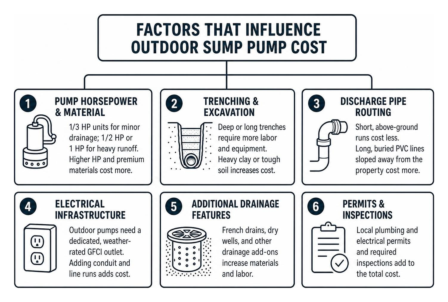 Factors influencing outdoor sump pump cost such as horsepower trenching and electrical