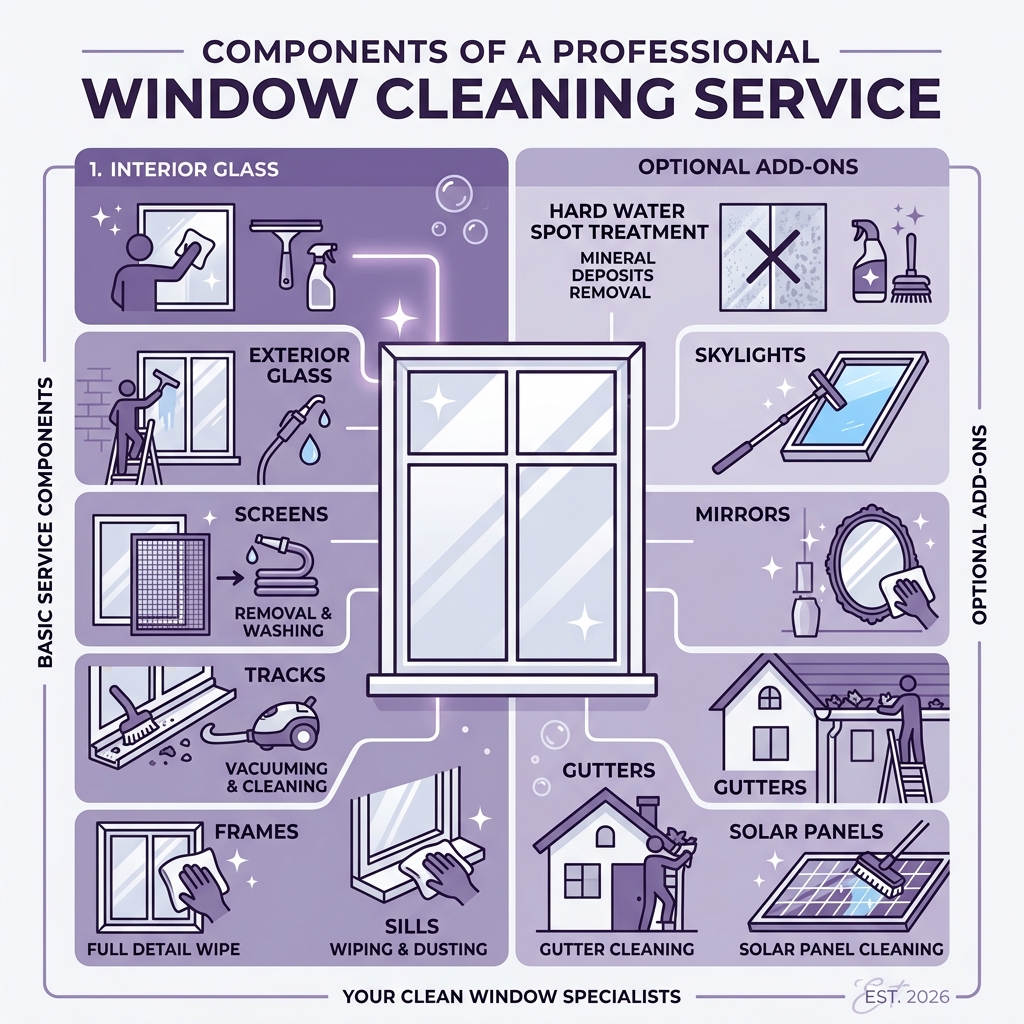 Infographic showing components of a professional window cleaning service including interior glass, exterior glass, screens Infographic showing components of a professional window cleaning service including interior glass, exterior glass, screens