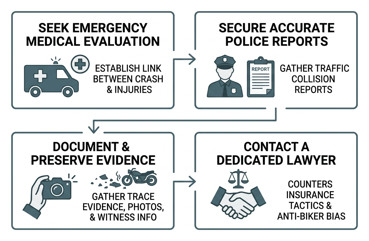 Timeline of steps to take immediately following a motorcycle wreck Timeline of steps to take immediately following a motorcycle wreck