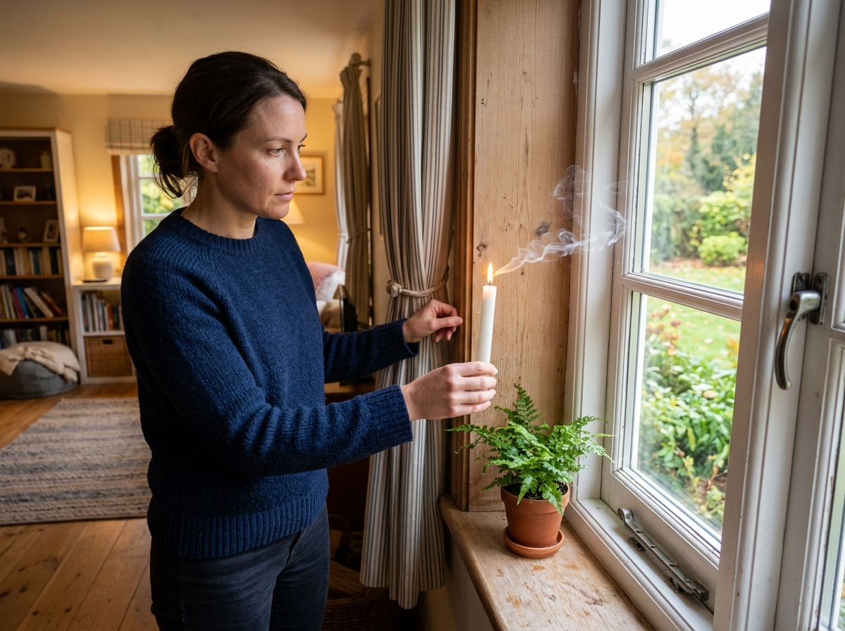 person performing candle smoke test near a window frame to find drafts - quick fix for drafty windows person performing candle smoke test near a window frame to find drafts - quick fix for drafty windows