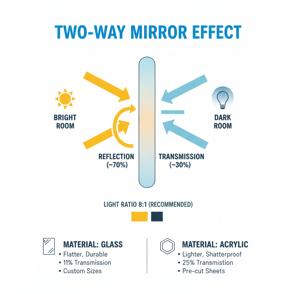 Infographic explaining the one-way mirror effect: light ratio, transmission, reflection, and material types - Two way mirror Infographic explaining the one-way mirror effect: light ratio, transmission, reflection, and material types - Two way mirror