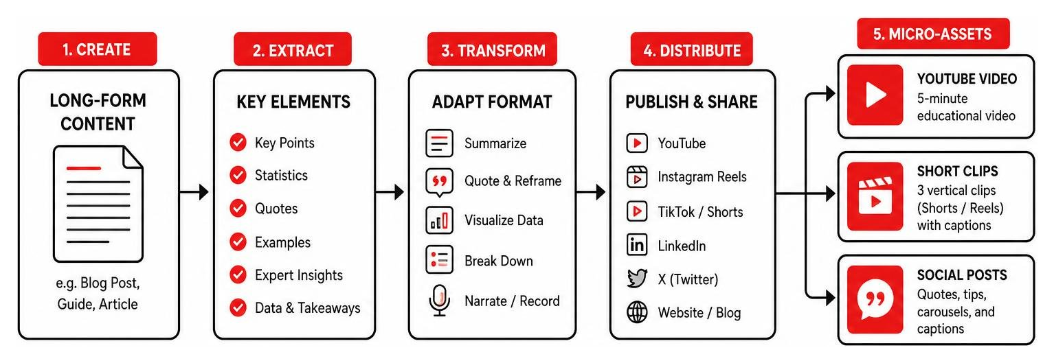 content repurposing workflow diagram showing long-form to micro-assets content repurposing workflow diagram showing long-form to micro-assets
