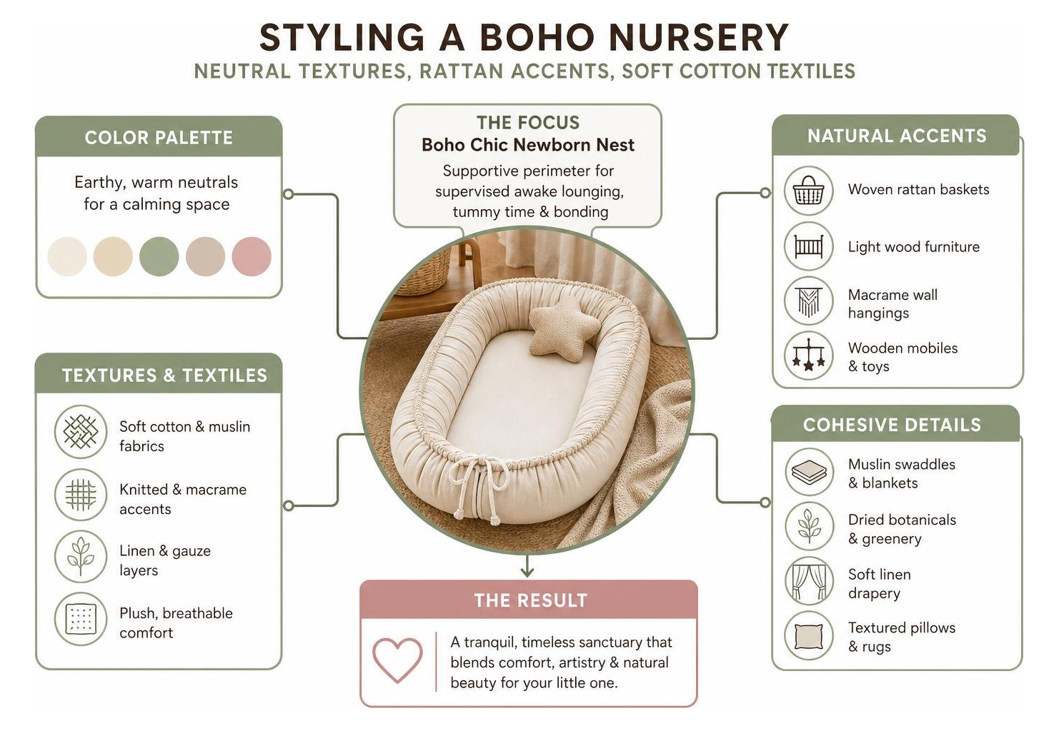 Styling a boho nursery with neutral textures, rattan accents, and soft cotton textiles