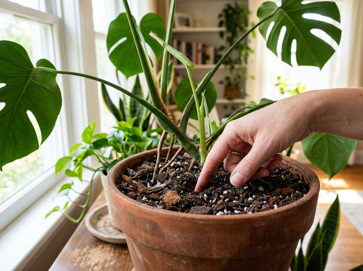 Person performing the 2-inch finger test in a potted monstera - houseplant watering guide