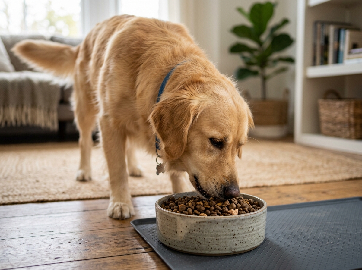 A happy dog eating healthy, high-quality kibble from a bowl - discounted dog food A happy dog eating healthy, high-quality kibble from a bowl - discounted dog food