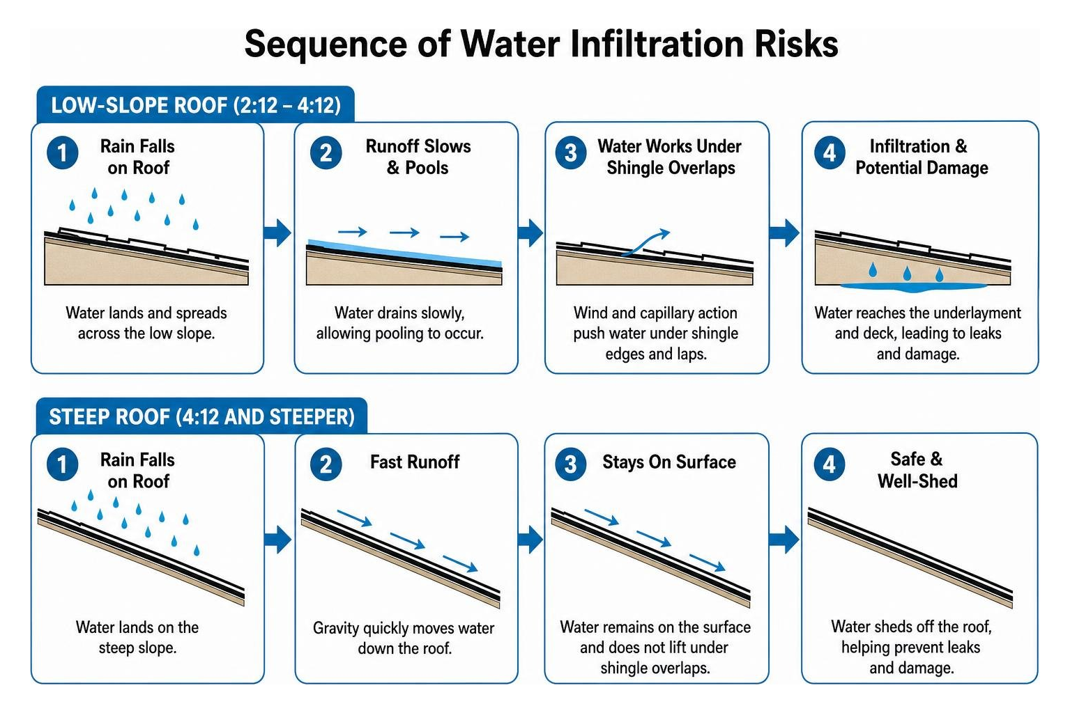 Sequence of water infiltration risks on low slope vs steep roofs Sequence of water infiltration risks on low slope vs steep roofs