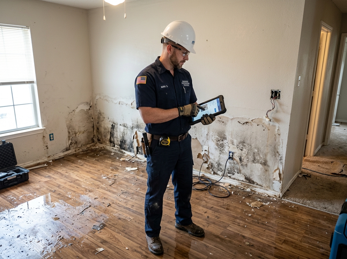 A restoration professional using a tablet to document damage for an insurance claim - emergency water damage Watertown