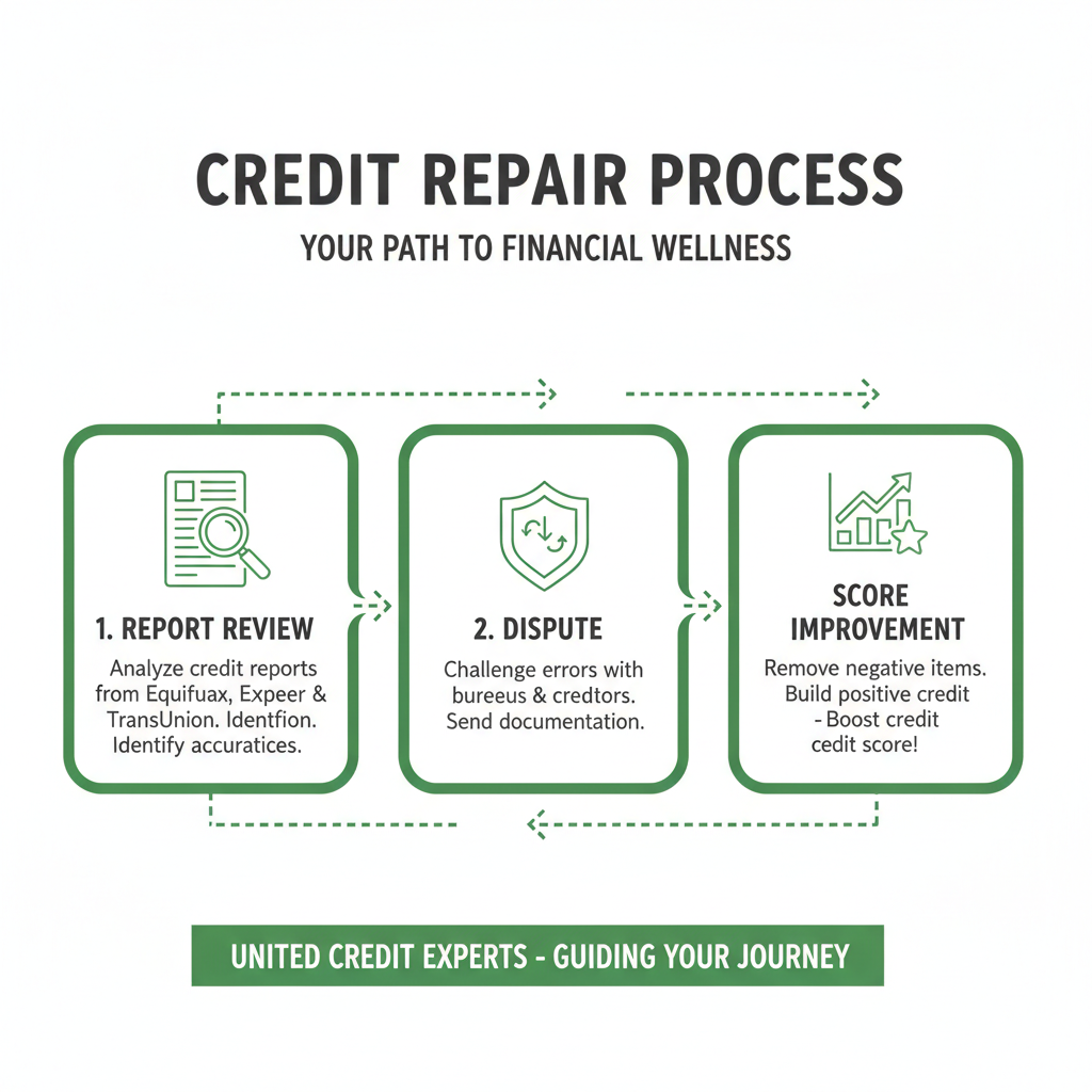 Credit repair process infographic showing steps from report review to dispute to score improvement - best credit repair